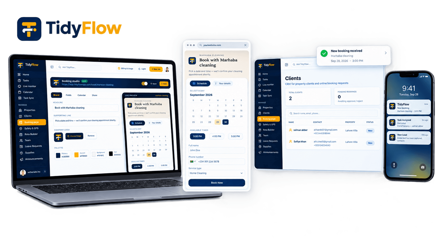 TidyFlow online booking widget embedded for clients, with web booking studio settings and new booking notifications on mobile